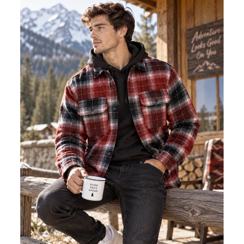 PacSun Men's Plaid Flannel Shirt Jacket Red Black Wool Blend Shacket S